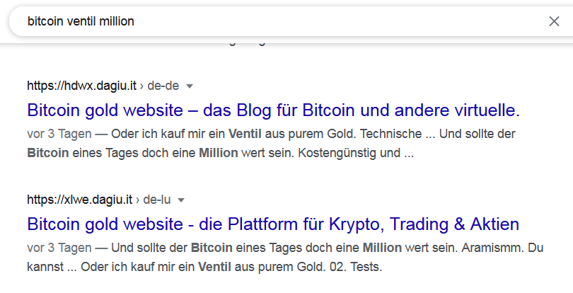 Screenshot aus der Google-Suche nach Bitcoin, Ventil und Million